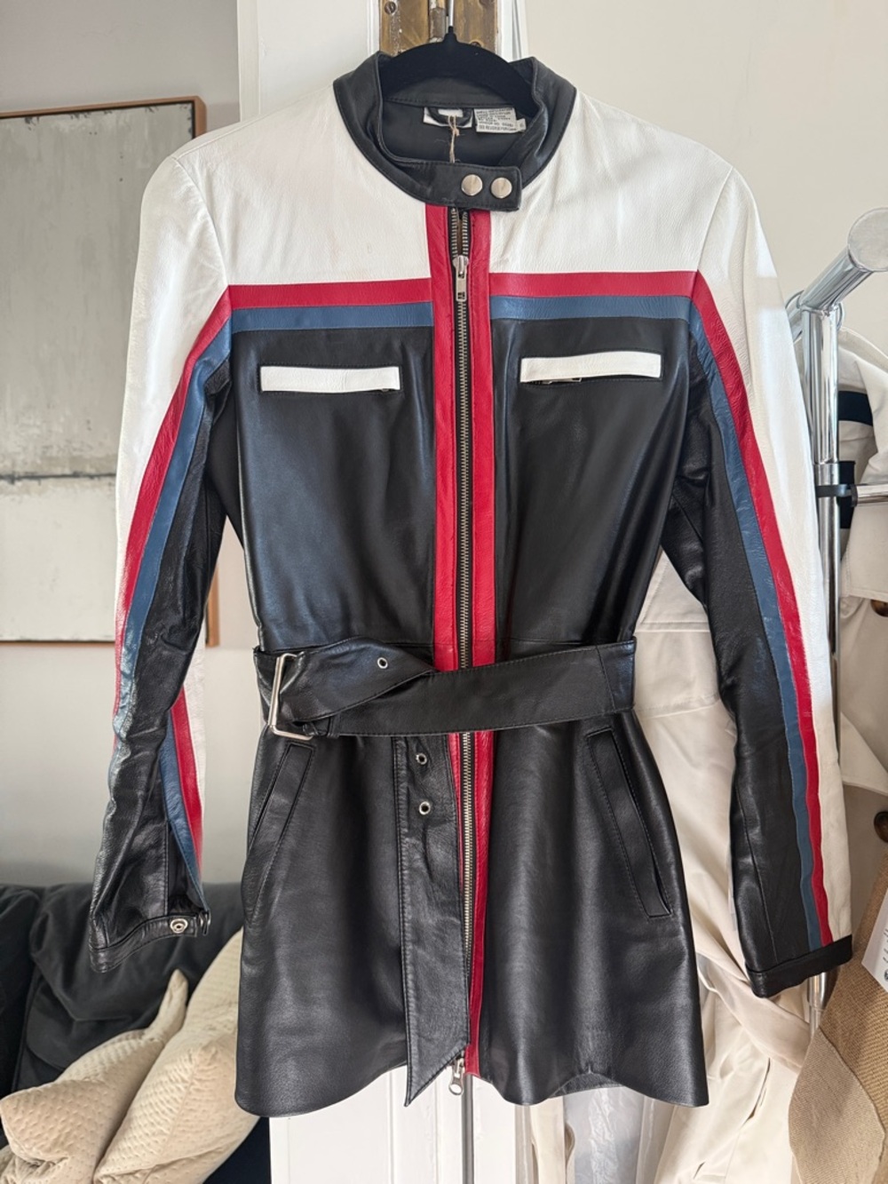 Newport News vintage Leather Belted Moto Jacket  White, Red & Blue Stripes - Picture 2 of 6